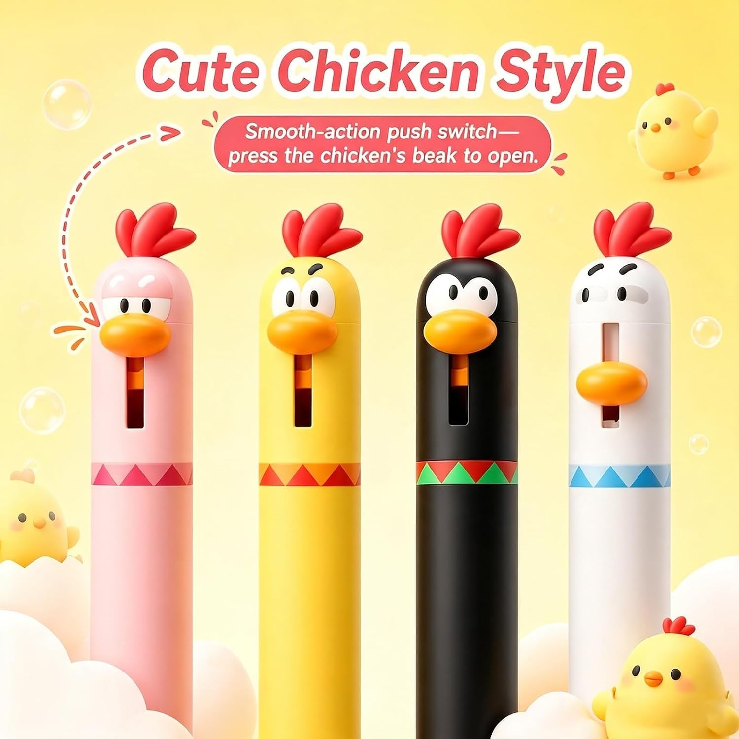 BIG SALE 4 Pcs Fun Pens, Gel Cartoon Chicken Pen 0.5mm Retractable