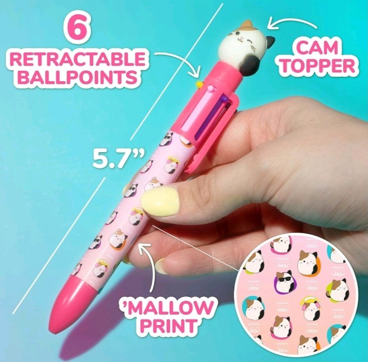 Kids Squishmallows Multicolor Pen Novelty Pen With 6 Inks and Cam the Cat Topper
