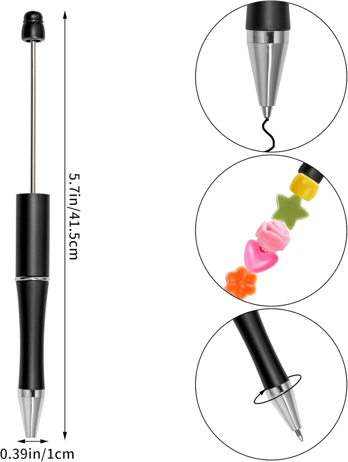 30 PCS Black Beadable Pens Plastic Bead DIY Cute Cool Black Ink Ballpoint
