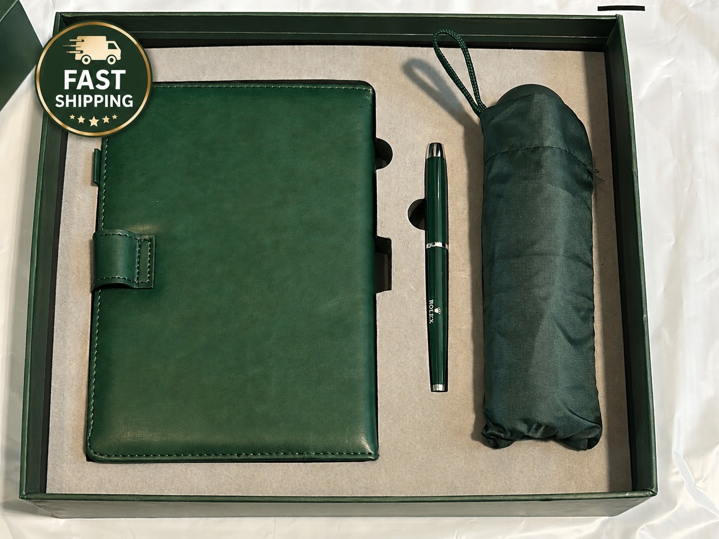 NEW ROLEX Green Gift Set Notebook Ballpoint Pen Folding Umbrella Luxury Gift Box