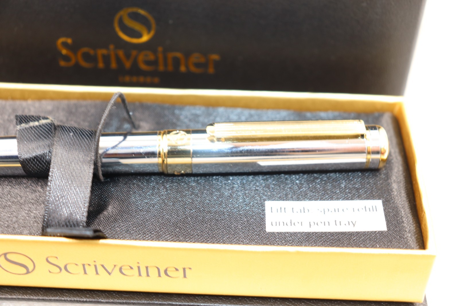 Scriveiner London Silver Gold Roller Ball Luxury Pen Gold Trim with Box