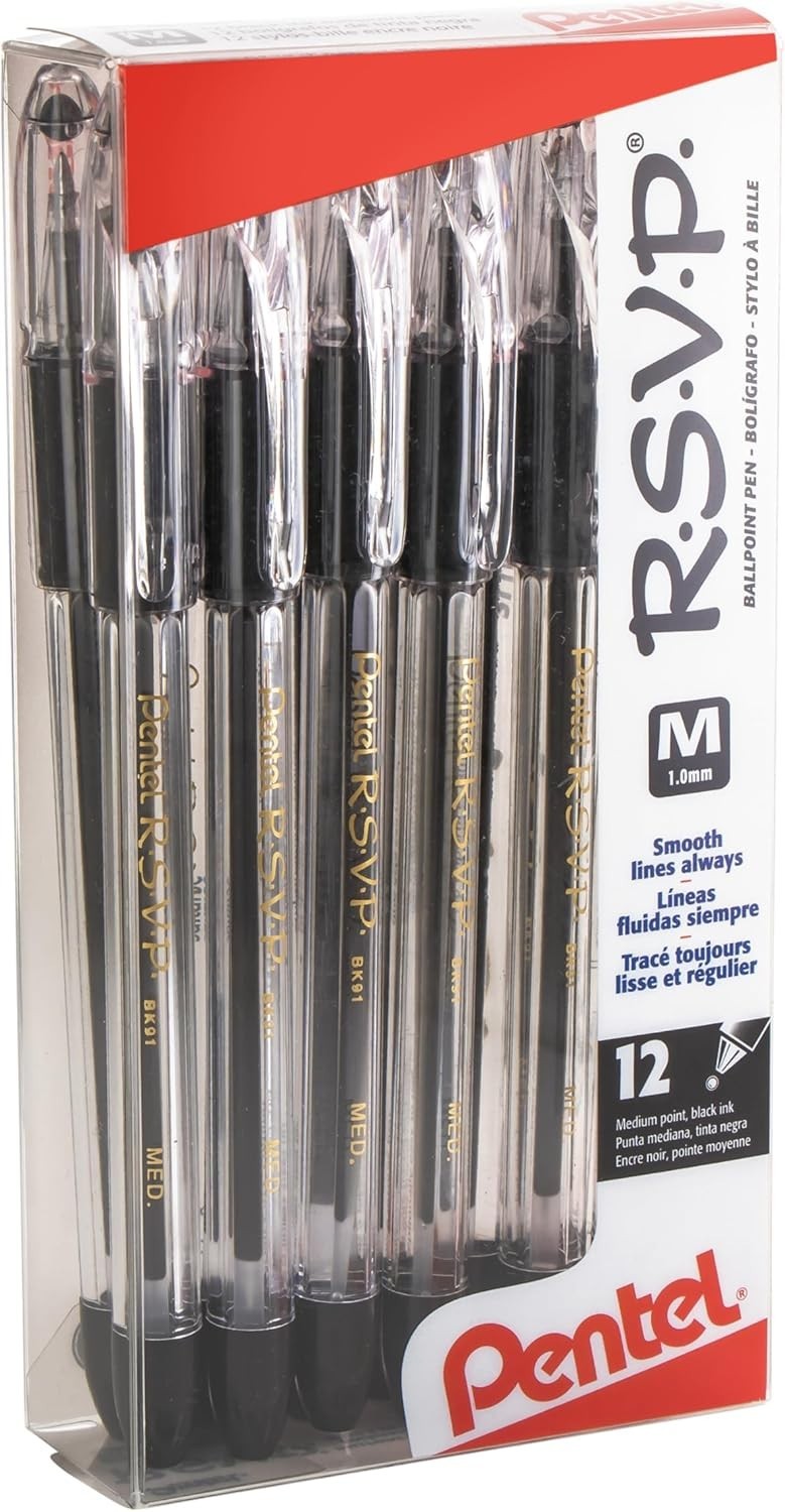 Durable RSVP Ballpoint Pens 1.0mm Medium Line Black Ink – 12 Count Assortment