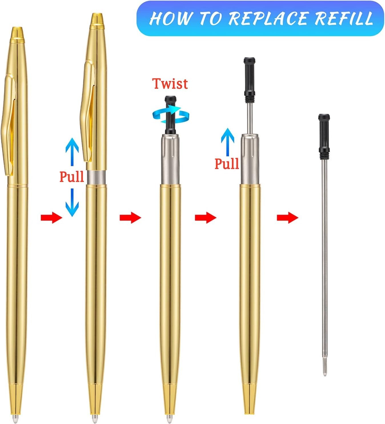 6 Pieces Golden Slim Metal Ballpoint Pen, 1Mm Medium Point Black Ink Smooth Writ