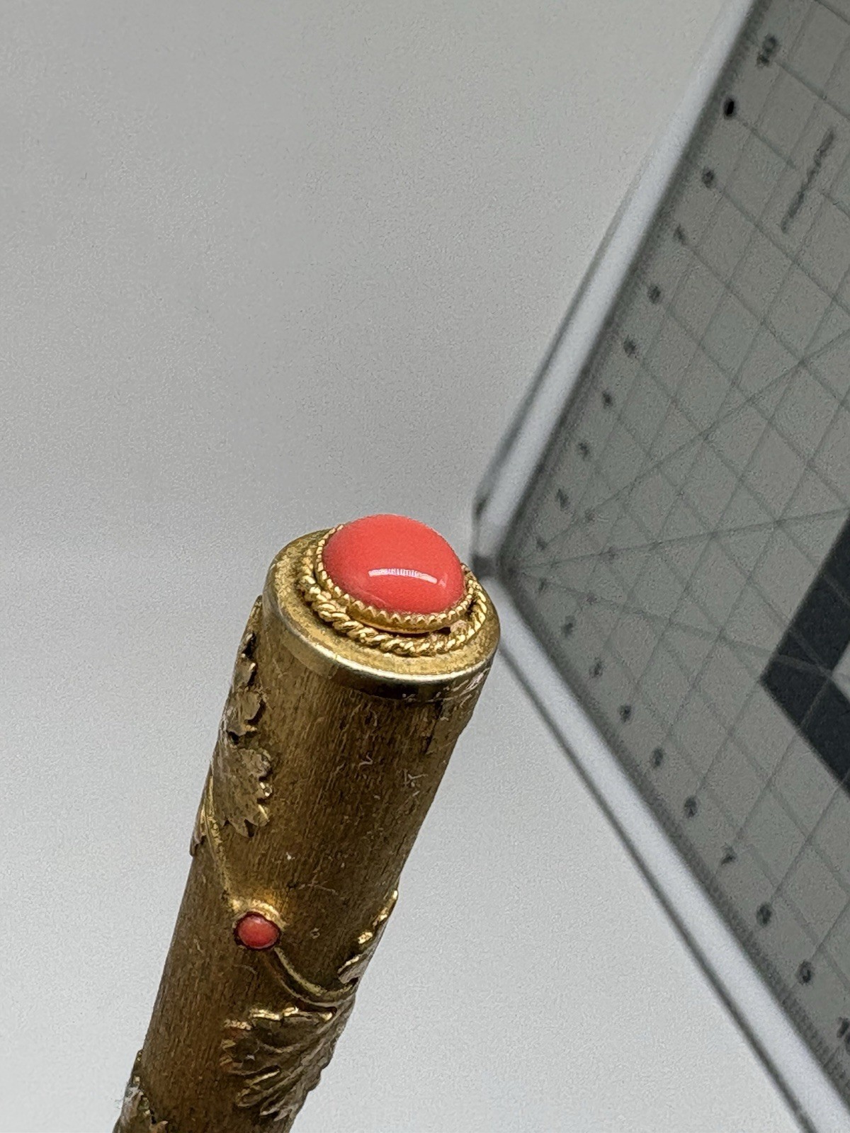 Vintage Carnegie Exclusive Italy Gilt Pen Red Cabochon Stones Ornate Vine Design