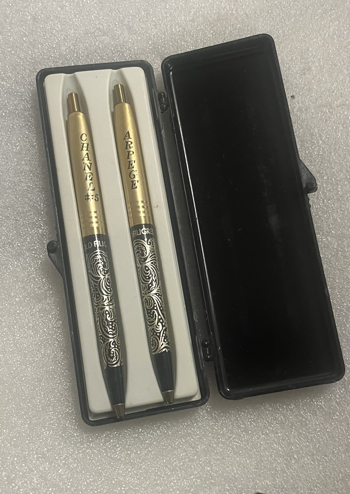 Vintage Chanel No.5 Arpege 14K Gold Filigree Ballpoint Pen Set in Box