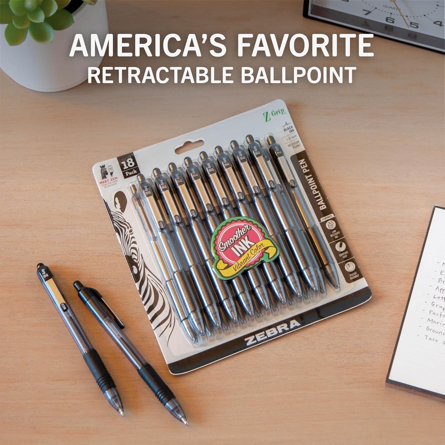 Ergonomic Z-Grip Ballpoint Pens – Retractable, Black Ink, 1.0mm, 18 Count