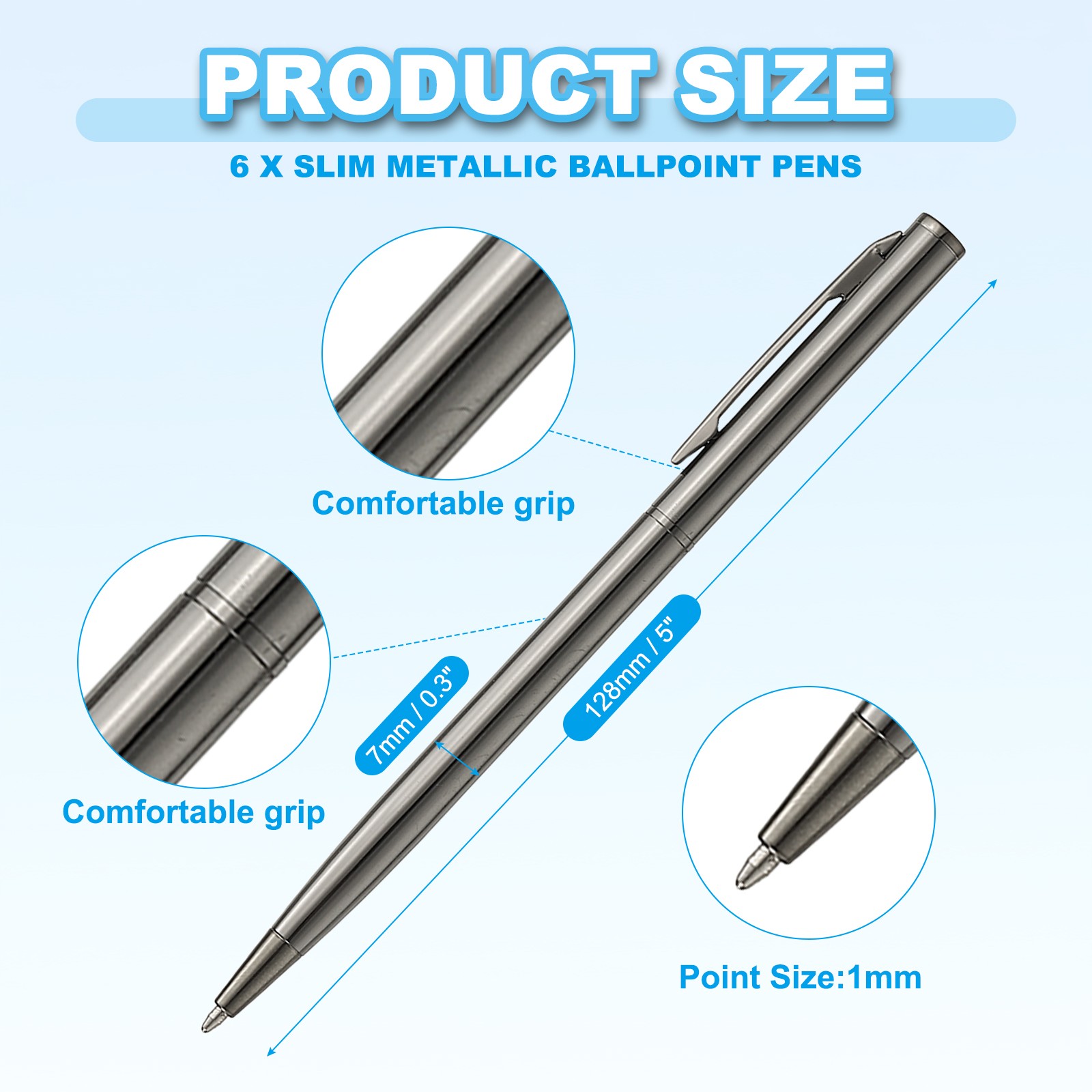 Slim Metallic Ballpoint Pen, 6Pcs Writing Pens with Clips Style 1, Black