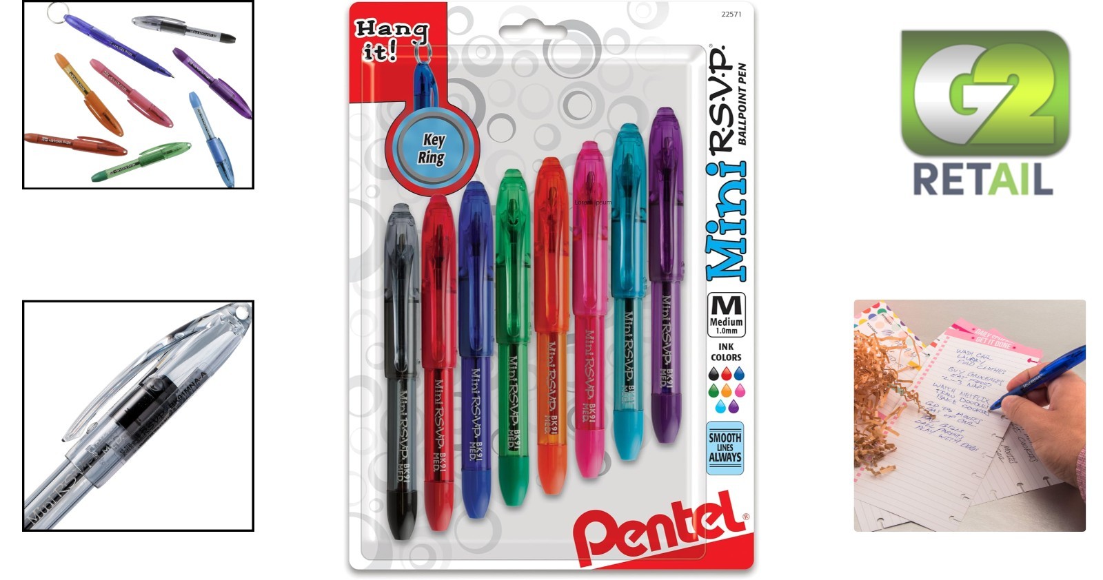 RSVP Mini Ballpoint Pens – Assorted Colors, 1.0mm Pack of 8 with Key Ring