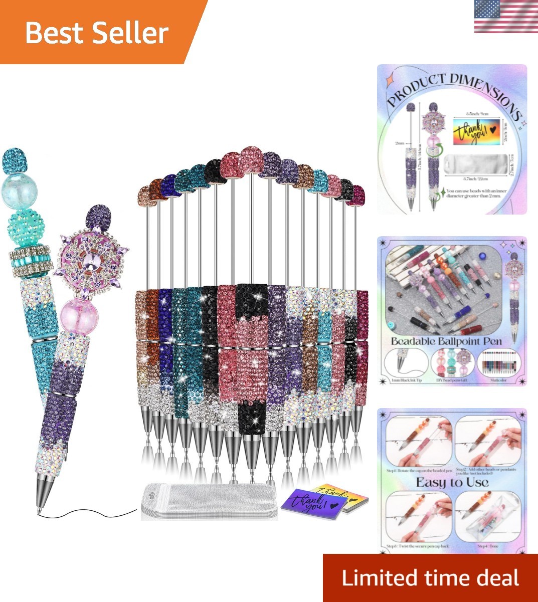 45 Pcs Full Rhinestone Beadable Pens Bulk Set 15 Glitter Diamond Pens with Ca…