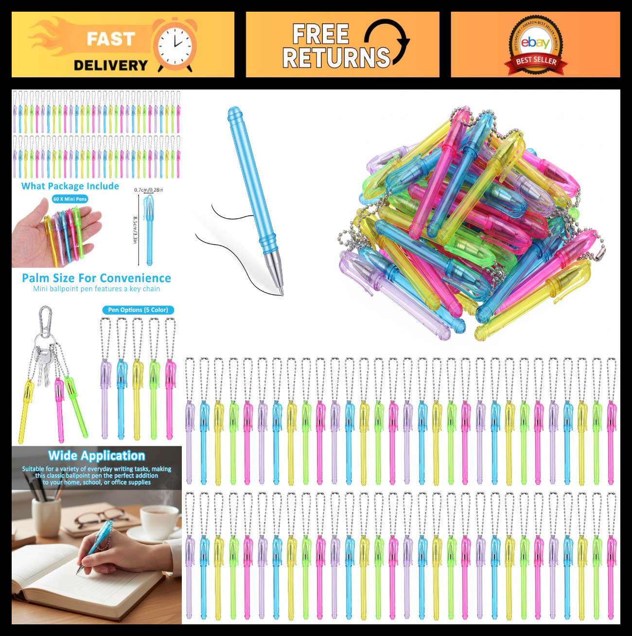 60 Pcs Mini Keychain Ballpoint Pens, 5 Colors, 1.0mm Black Ink, Pocket Size for
