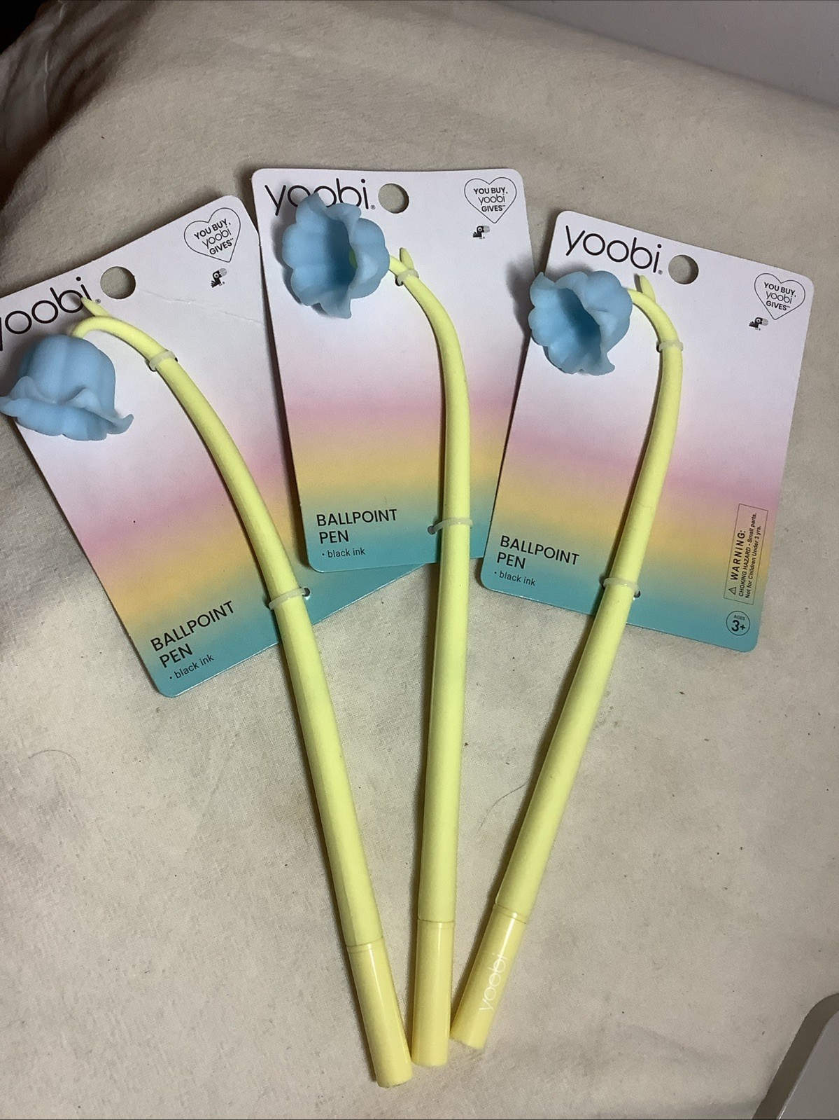 3–Yoobi Yellow/ Blue Flower Pens With Black Ink~ New Set Of 3