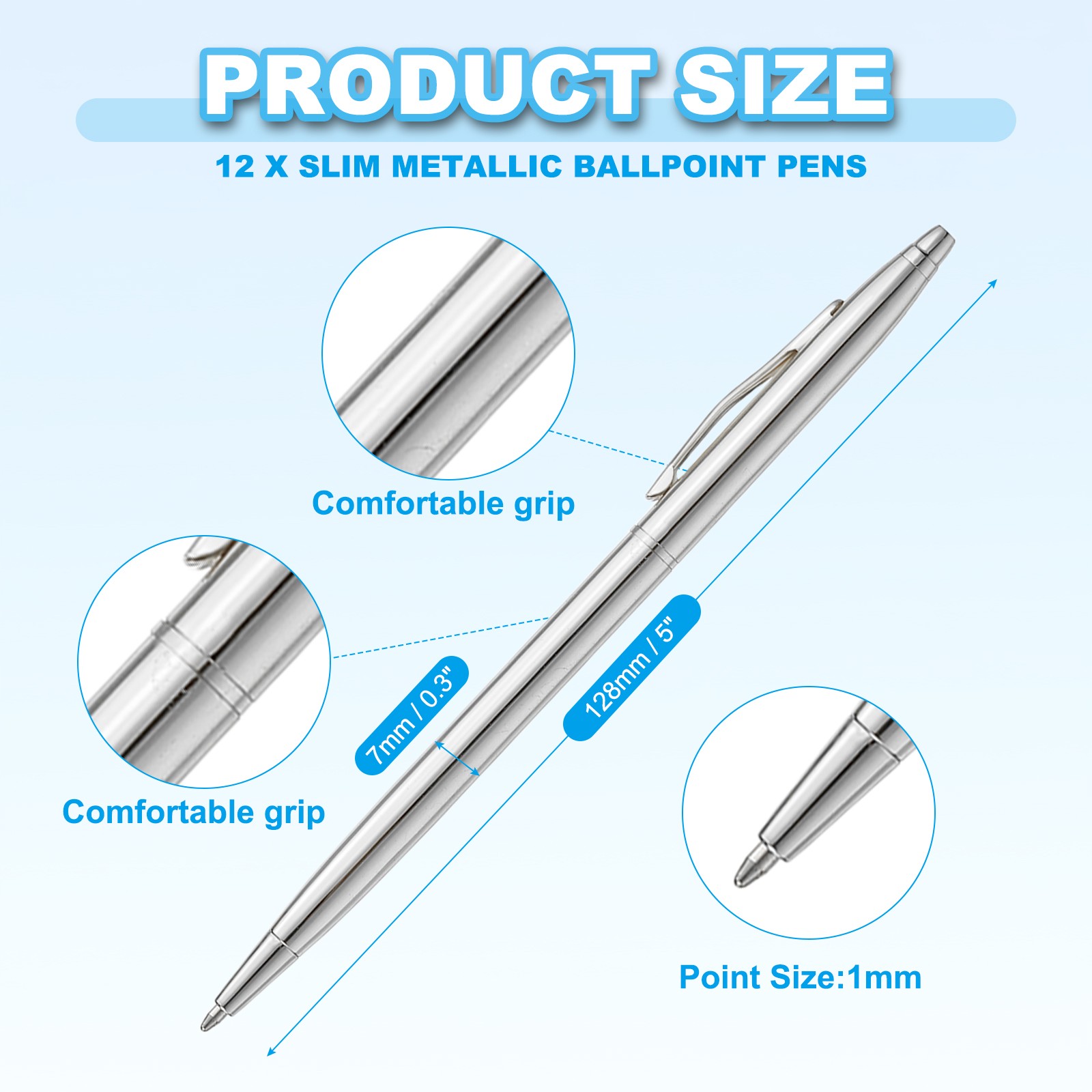 12 x Slim Metallic Ballpoint Pen Writing Pens with Clips Style 2, Silver