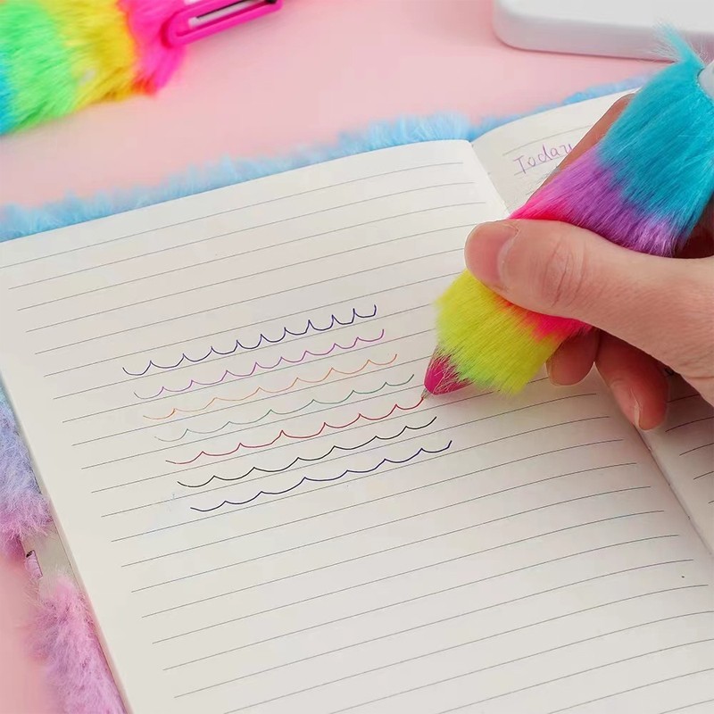 Rainbow Plush Ballpoint Pens (4 pieces) – Colorful six-color retractable pens