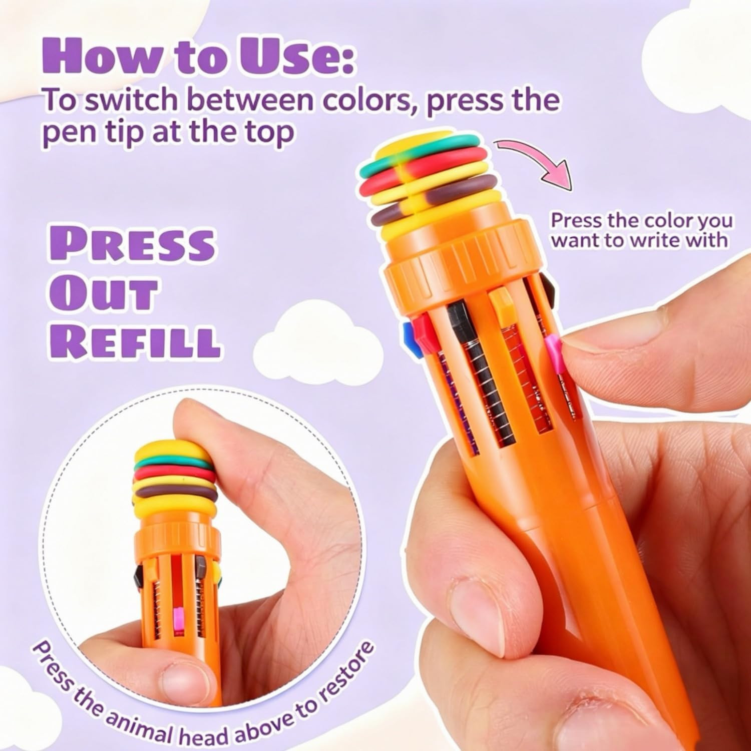 BESARME 12 Pcs Fun Pens for Kids, 10-in-1 Cute Pen Multicolor Ballpoint Pen Bulk