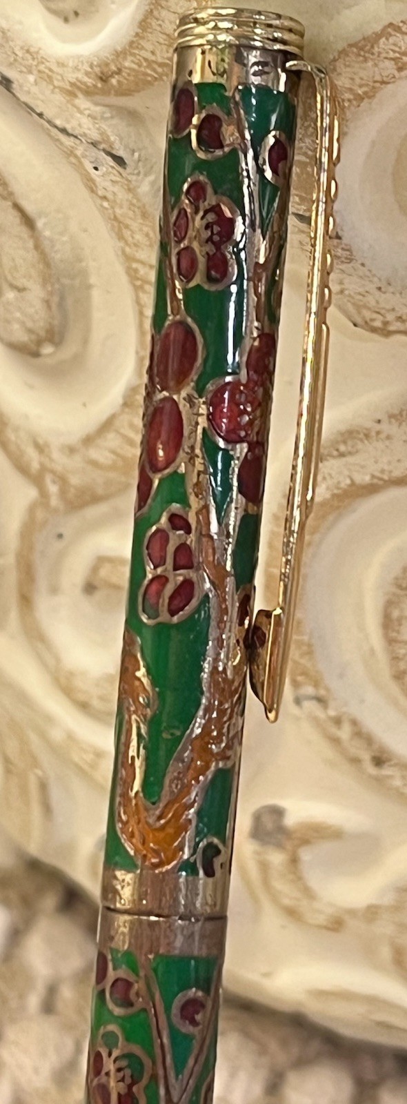 Vintage Cloisonné Enamel Ballpoint Pen Brass Tone Floral Multicolor Decorative