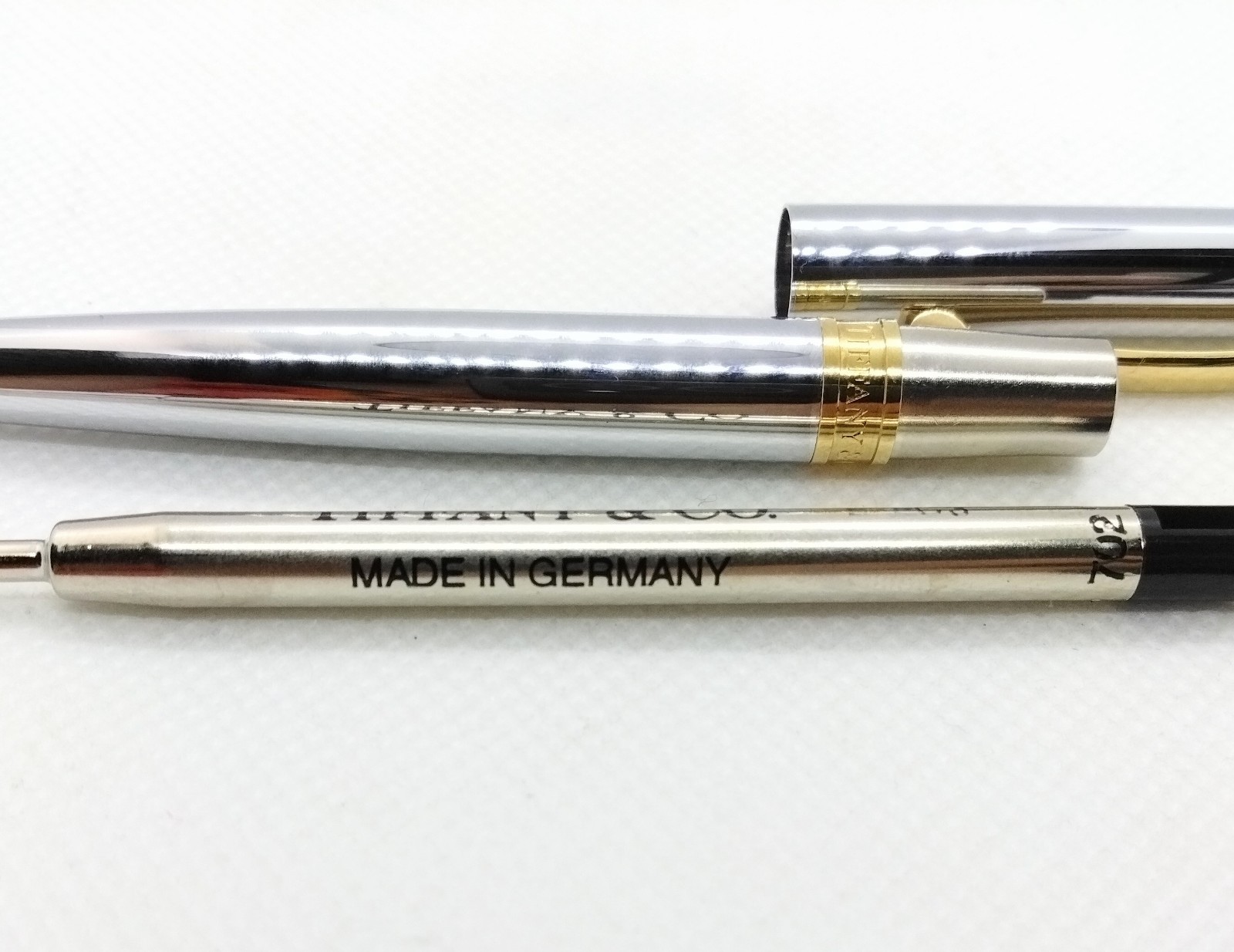 Tiffany & Co. Germany Silver & Gold T Clip Ballpoint Blue Ink Pen W Box Dust Bag
