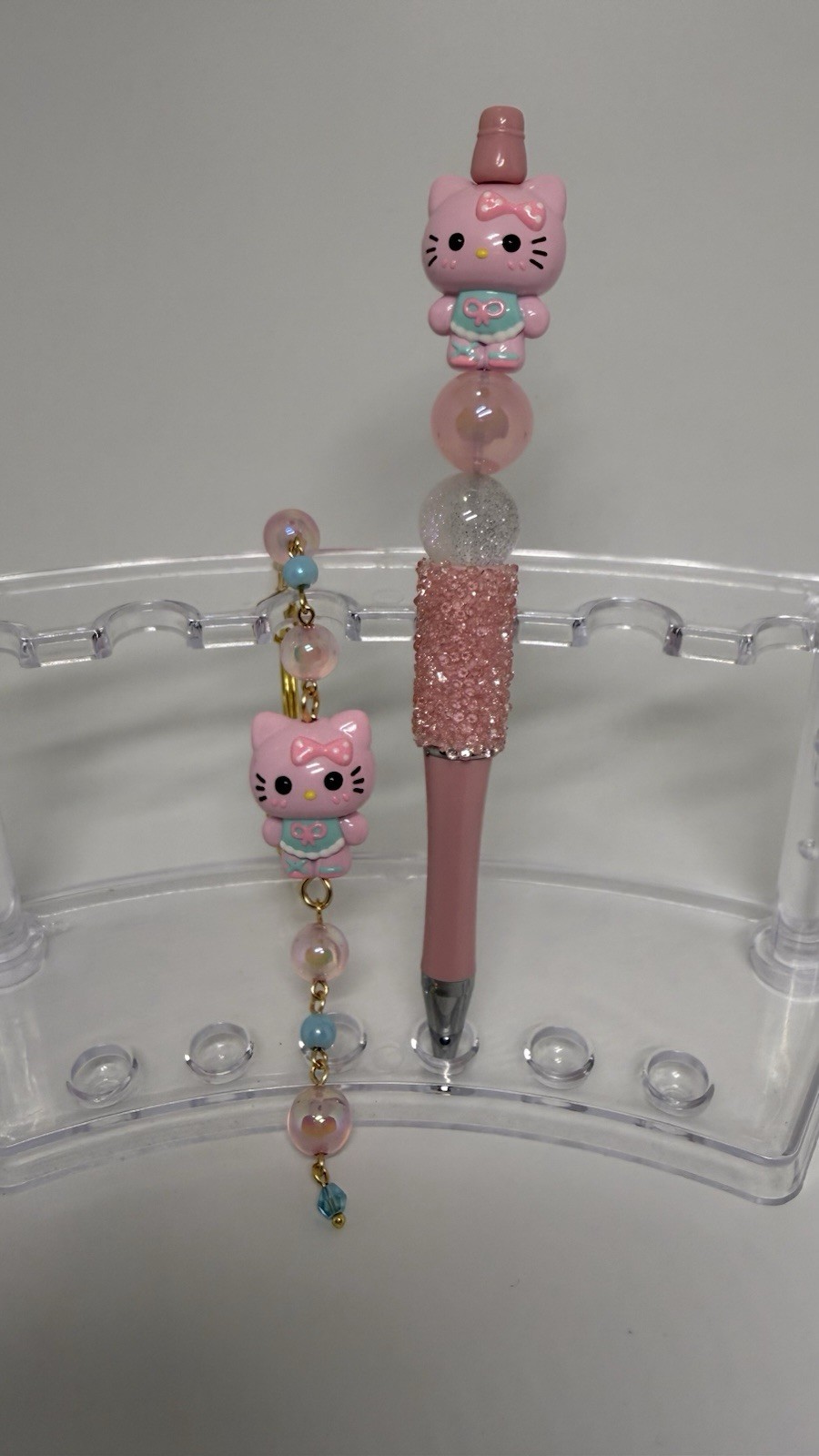 Pink Hello Kitty Style Cat Charm Ballpoint Pen, Black Ink, Keychain