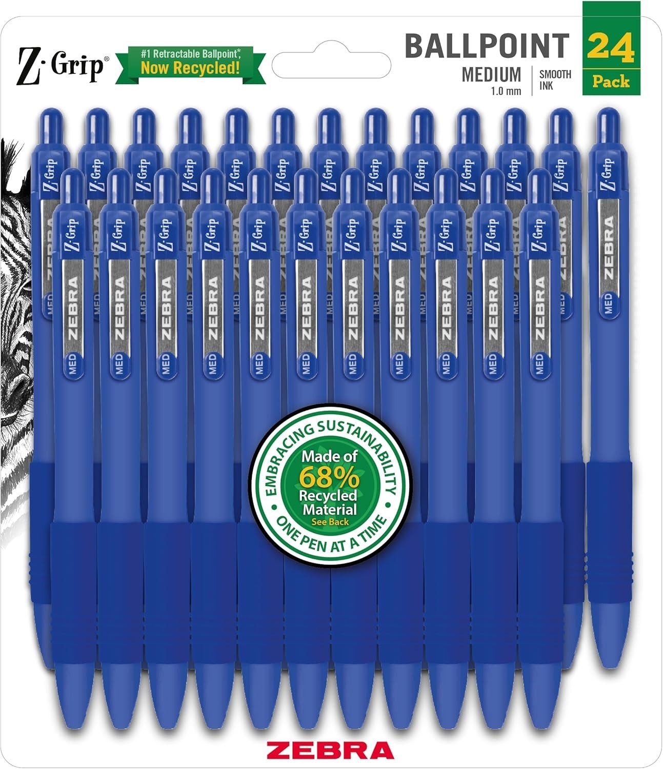 Sustainable Z-Grip Recycled Ballpoint Pens, 1.0mm Tip, Blue Ink – 24 Count