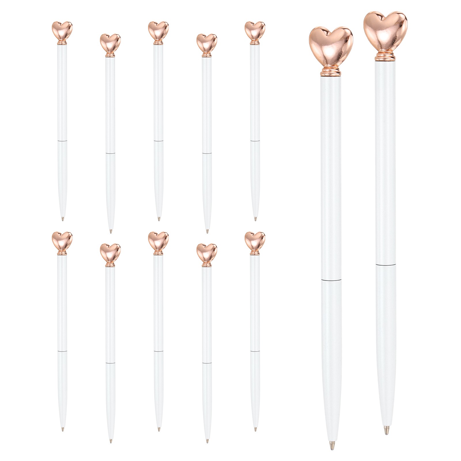 Heart Pens 1.0 mm Black Ink, 12 Pcs Metal Cute Pens Ballpoint, White/Rose Gold