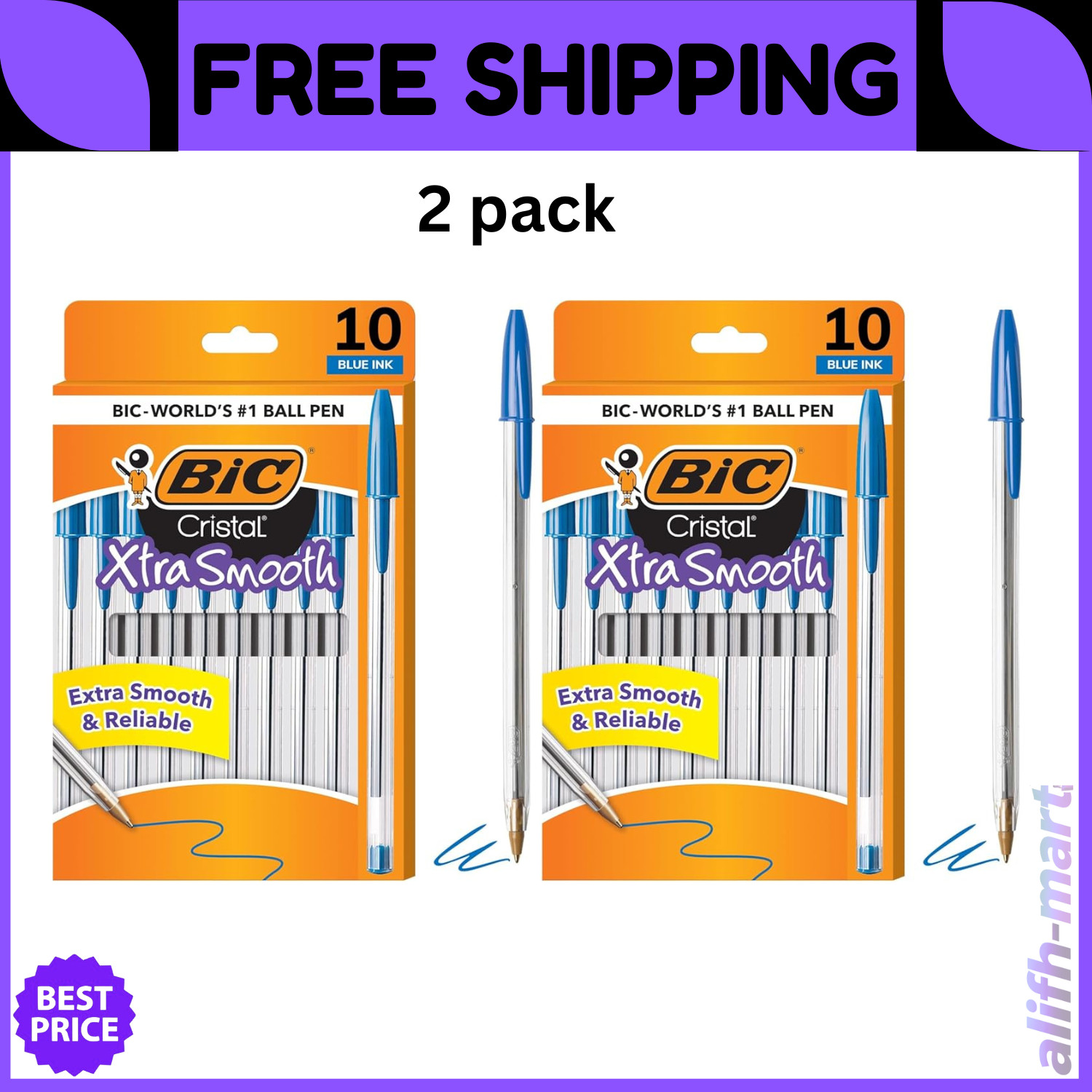 2 Pack of 10 Ballpoint Pen – Blue Ink Ball Point Pens for Office Writing School