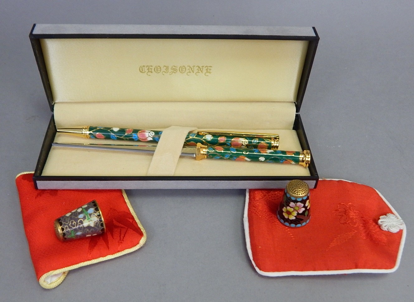 Vintage Chinese Cloisonne Enameled Ink Pen Letter Opener Sewing Thimble Lot