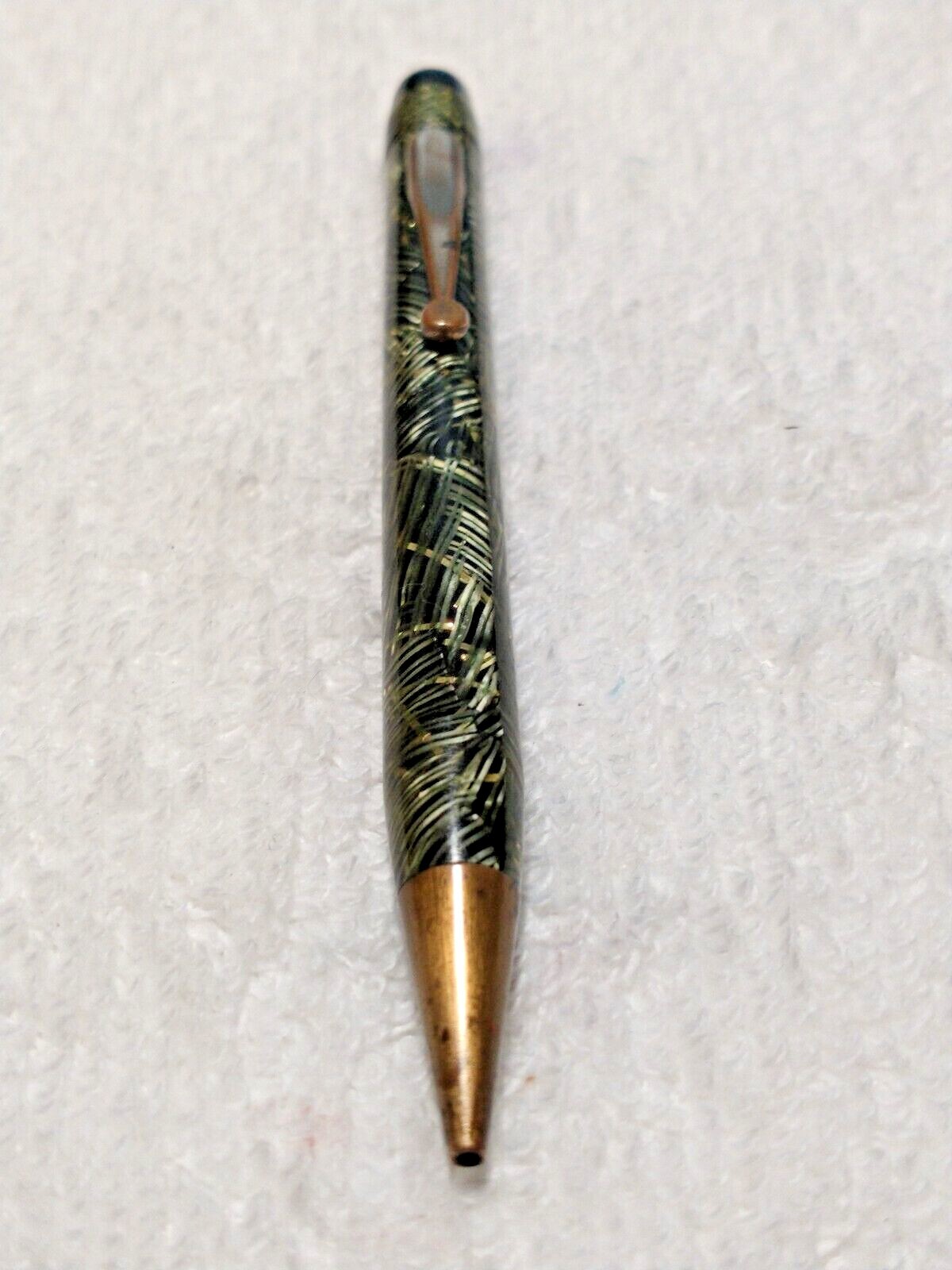 VINTAGE CELLULOID MECH PENCIL BLACK AND LIME GREEN OVER SILVER RIBBONS ANTIQUE