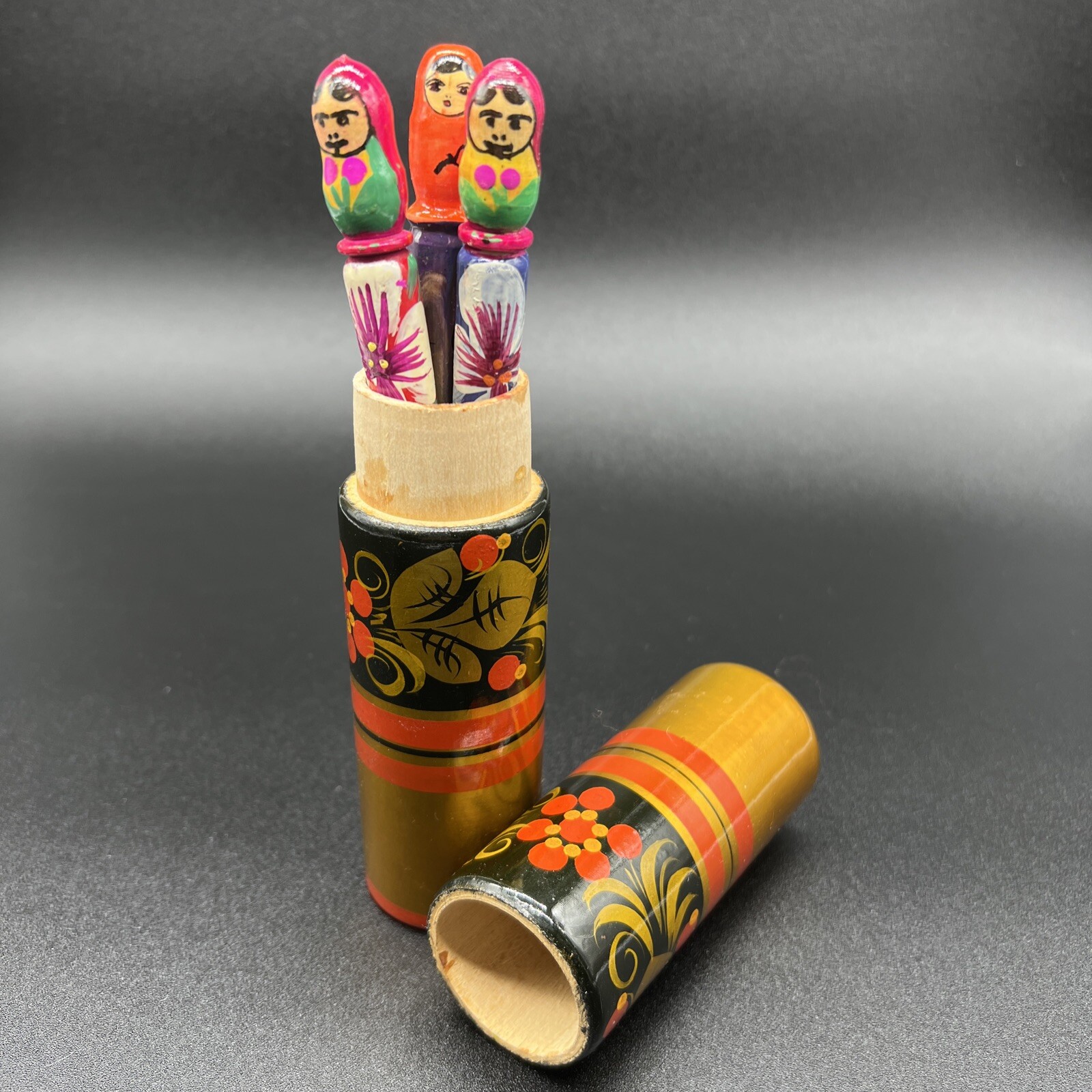 Hand Painted Wooden Pens Matryoshka Nesting doll Khohloma Russian With Holder!