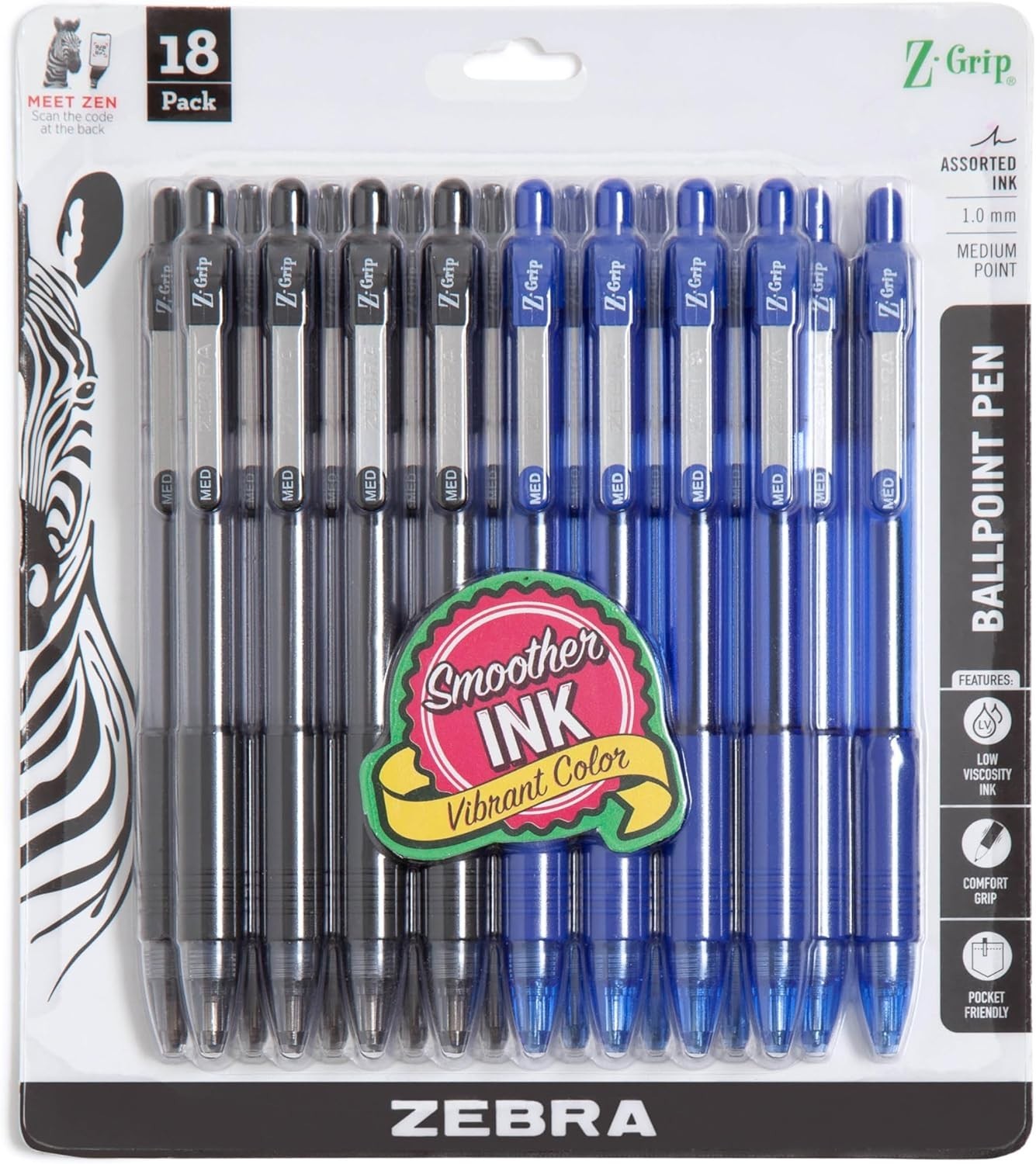 Ergonomic Z-Grip Retractable Ballpoint Pens, 1.0mm, Black and Blue Ink, 18-Pack