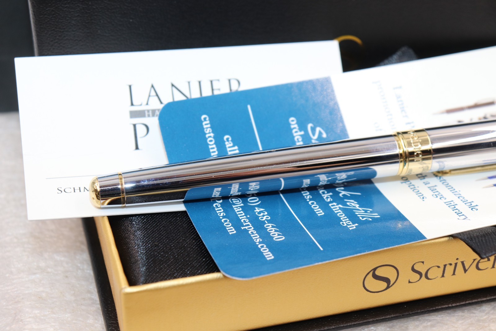Scriveiner London Silver Gold Roller Ball Luxury Pen Gold Trim with Box