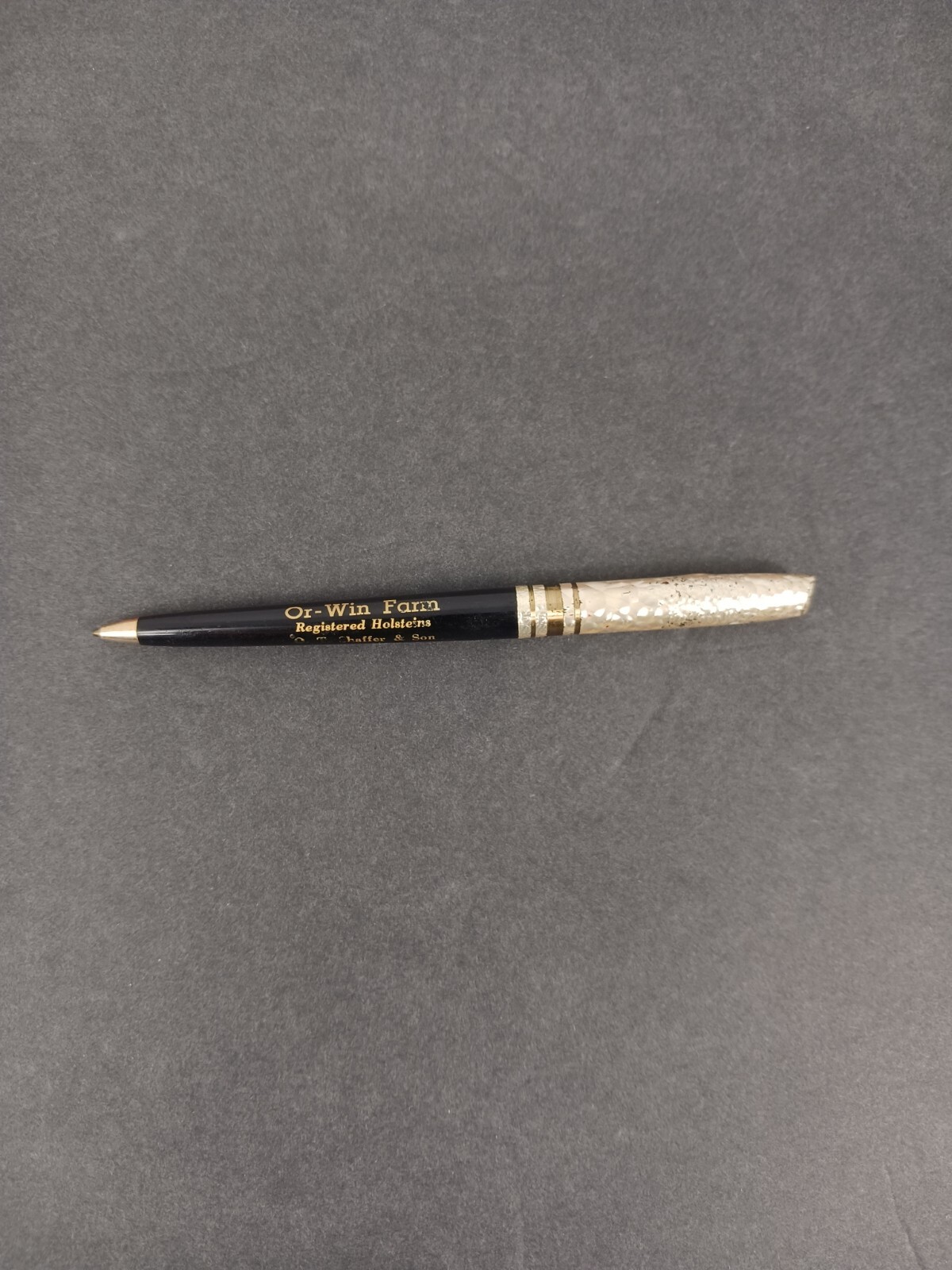 Vintage Or-Win Farm Advertising Pen / Gold shimmery metal and black plastic