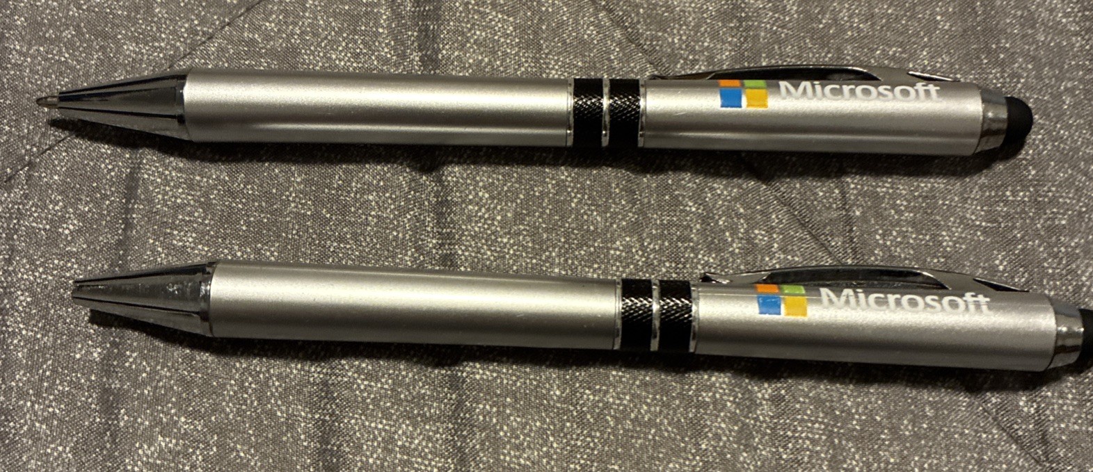 Lot Of 2 MICROSOFT Ballpoint Pens W/ Soft Rubber Tip Vintage Computer Promotion
