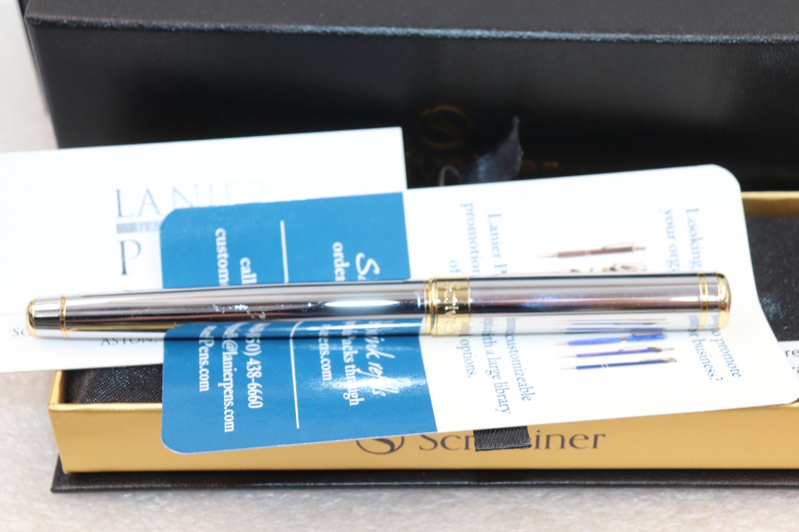 Scriveiner London Silver Gold Roller Ball Luxury Pen Gold Trim with Box