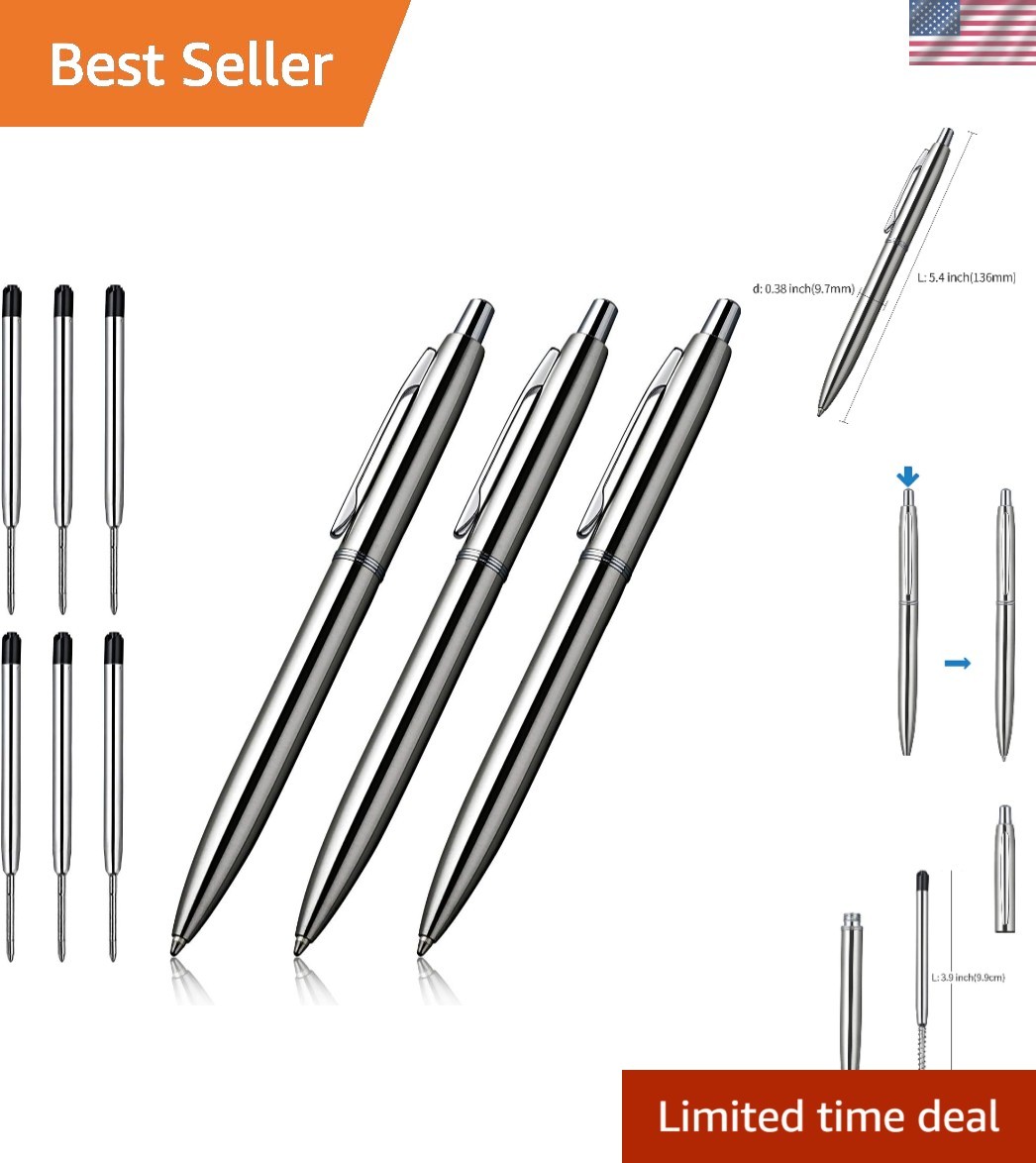 Elegant 3-Pcs Stainless Steel Ballpoint Pens with 6 Refills for Office & Gifts