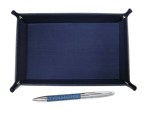 Japanese-made textured cowhide pen tray blue genuine leather-wrapped rotating