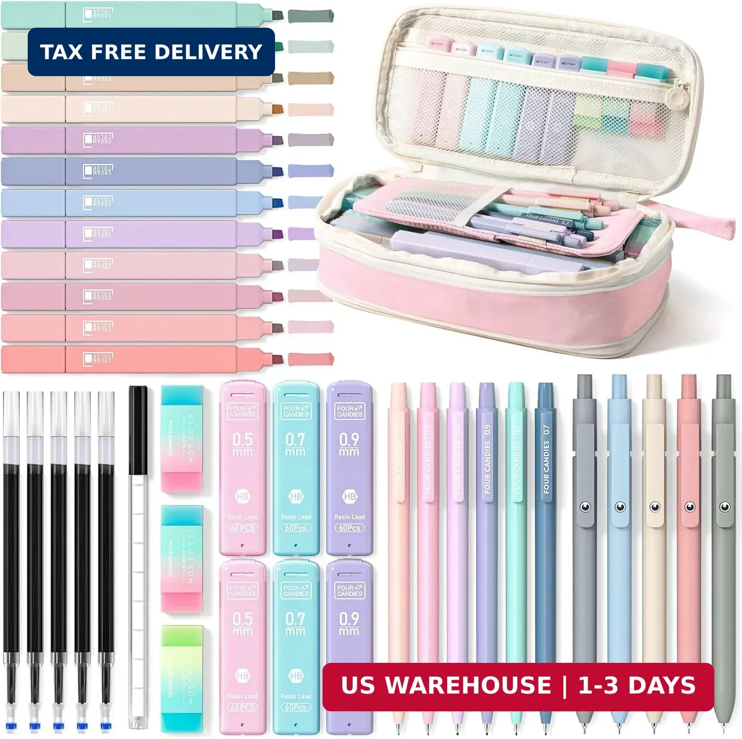 39 PCS Aesthetic School Supplies with Cute Pen Case, 12 Pastel Highlighters, 5 B