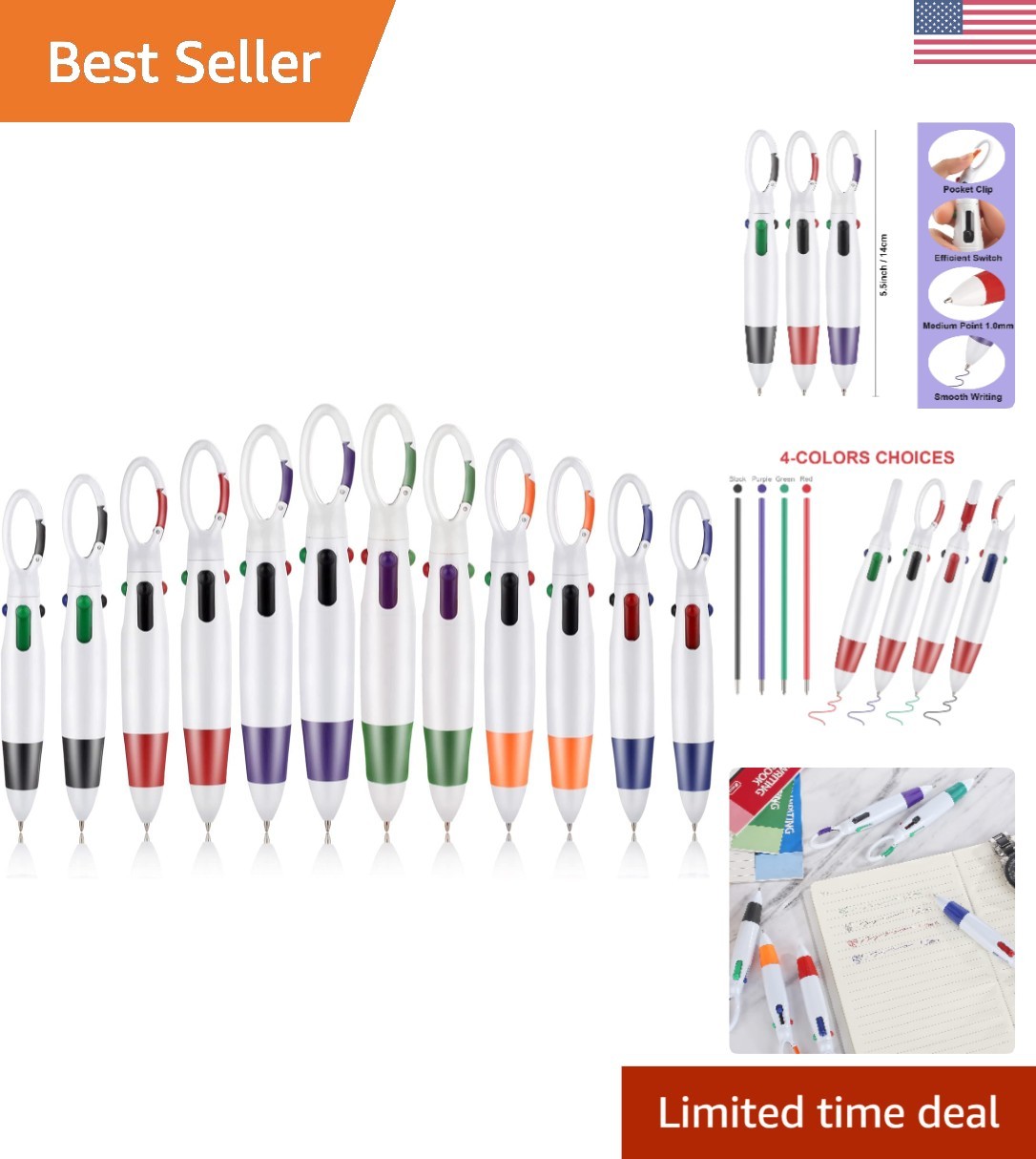 12 Count Retractable 4-in-1 Multicolor Ballpoint Pens with Carabiner Clip