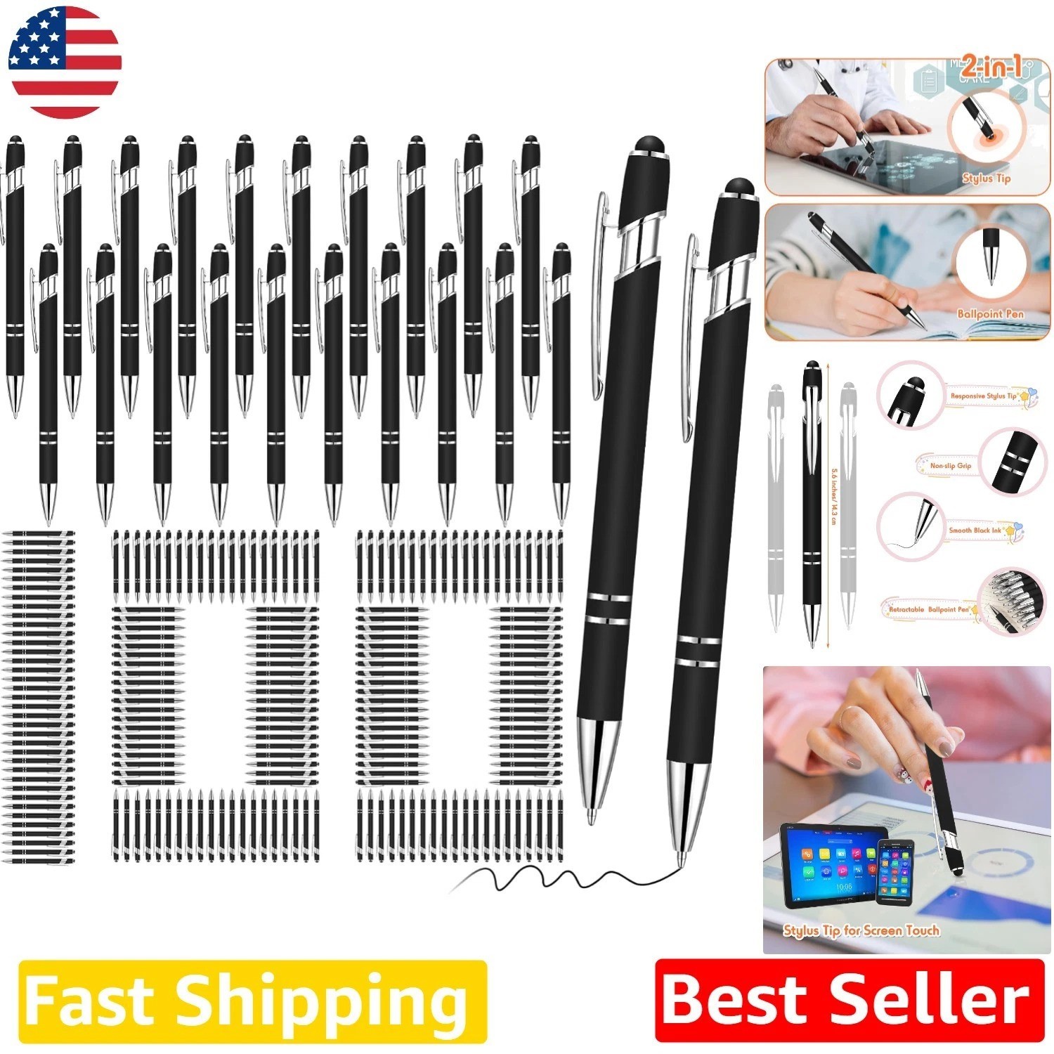 100pk Black Metal Ballpoint Pens w/ Stylus, Smooth 1.0mm Ink, Retractable Click