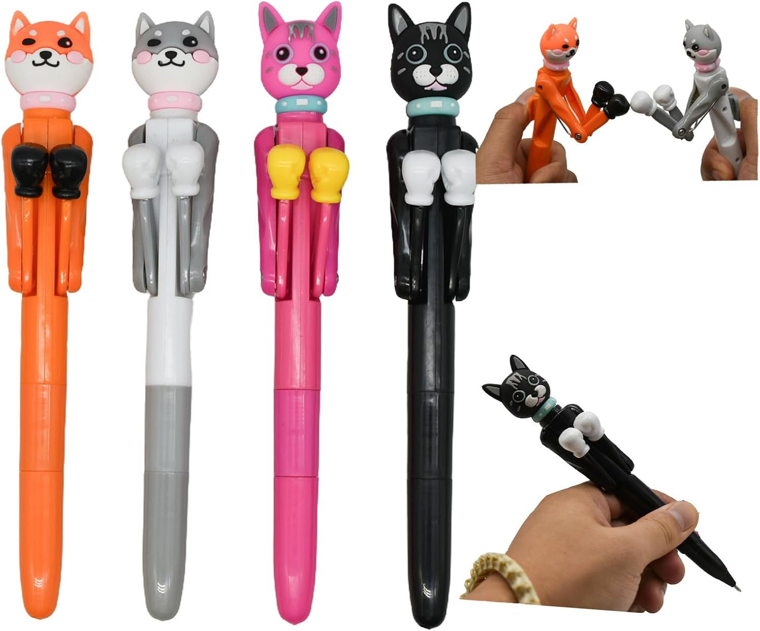 4-Piece Novelty Boxing Cat Ballpoint Pens Set with Black Ink in Random Colors