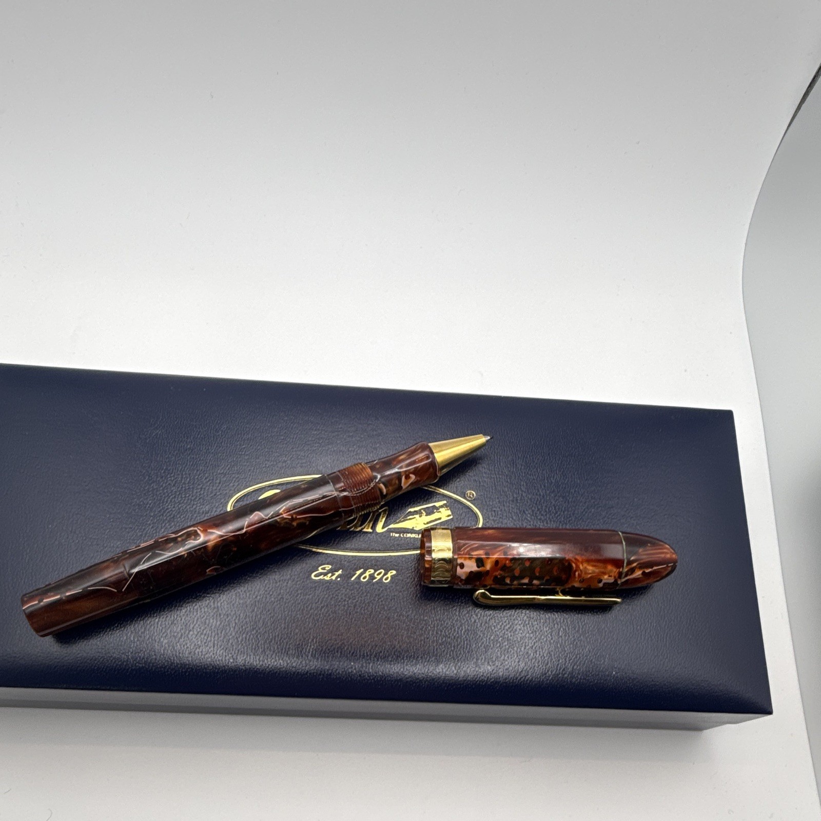 Conklin Brown Marbled Resin Ballpoint Pen Gold Trim Black Ink w/ Box