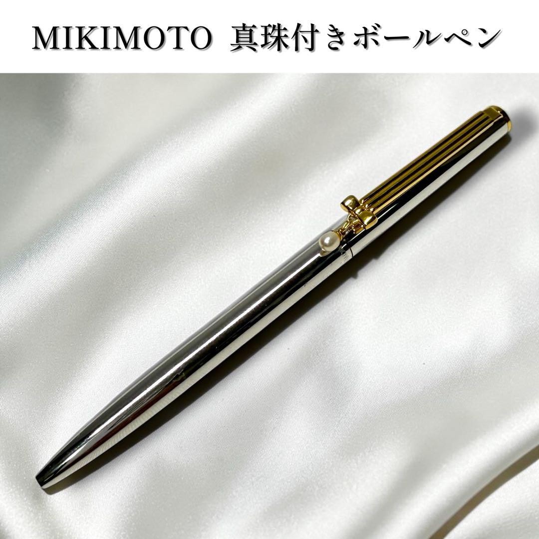 MIKIMOTO Pearl Ballpoint Pen Silver Gold Ribbon Motif Medium Nib Used