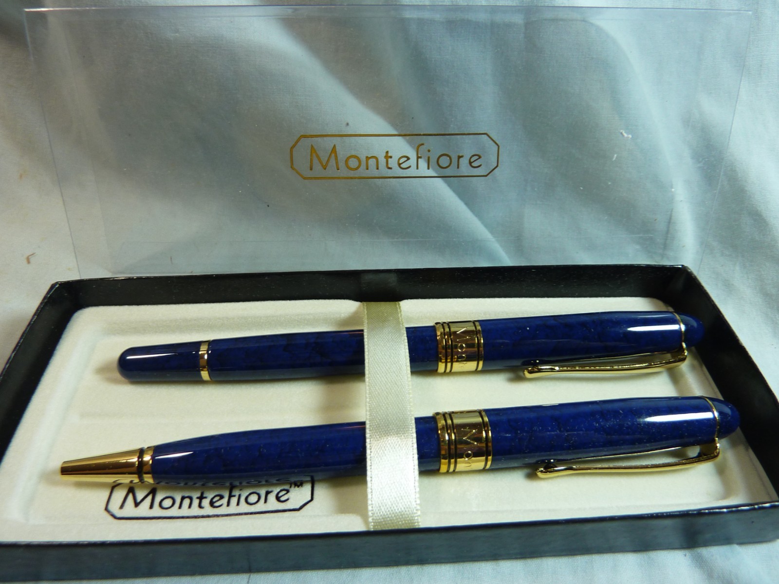 Pair of Montefiore Pens Blue with Gold Trim-NOS-New Ink Refills