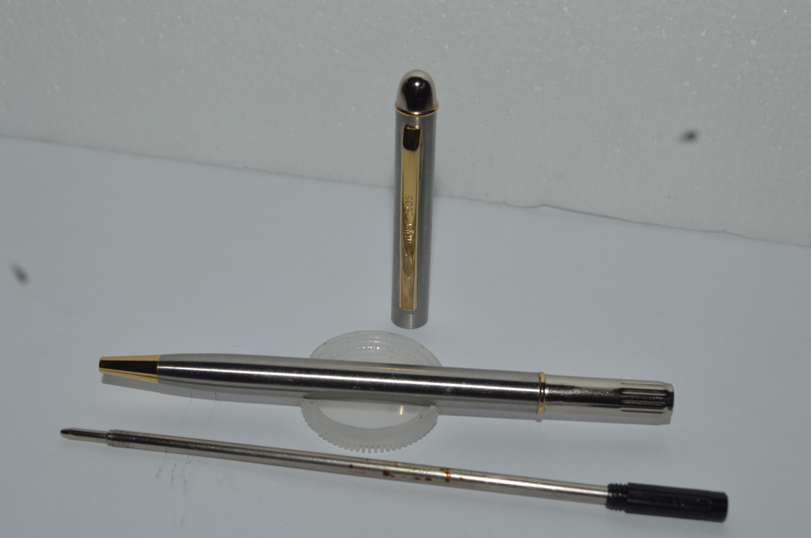 SCULLY SINCE 1906 Ball Pen Slim Brushed Stainless Steel Gold Trim Twist Action