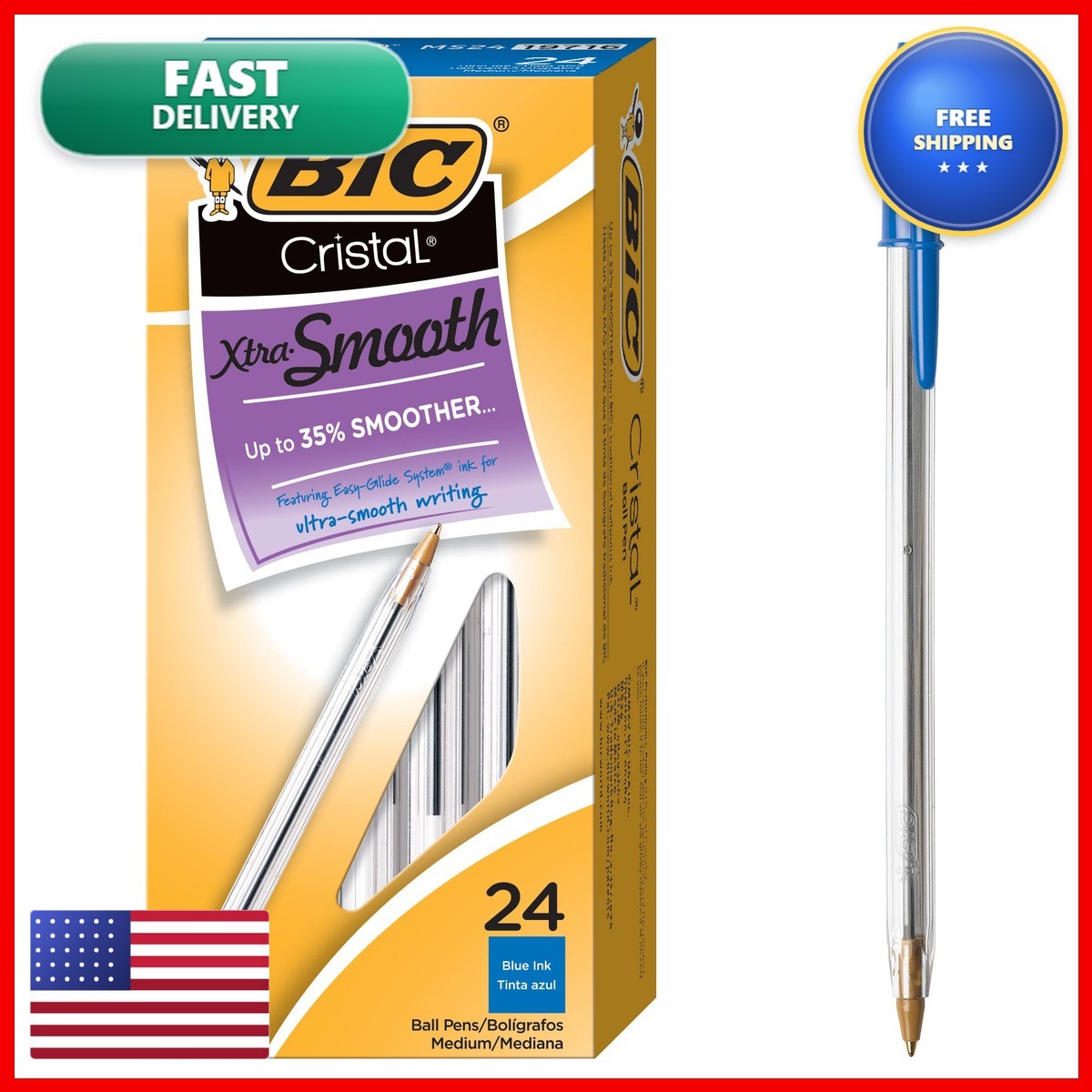 BIC Cristal Xtra Smooth Blue Ballpoint Pens Medium Point 24-Count