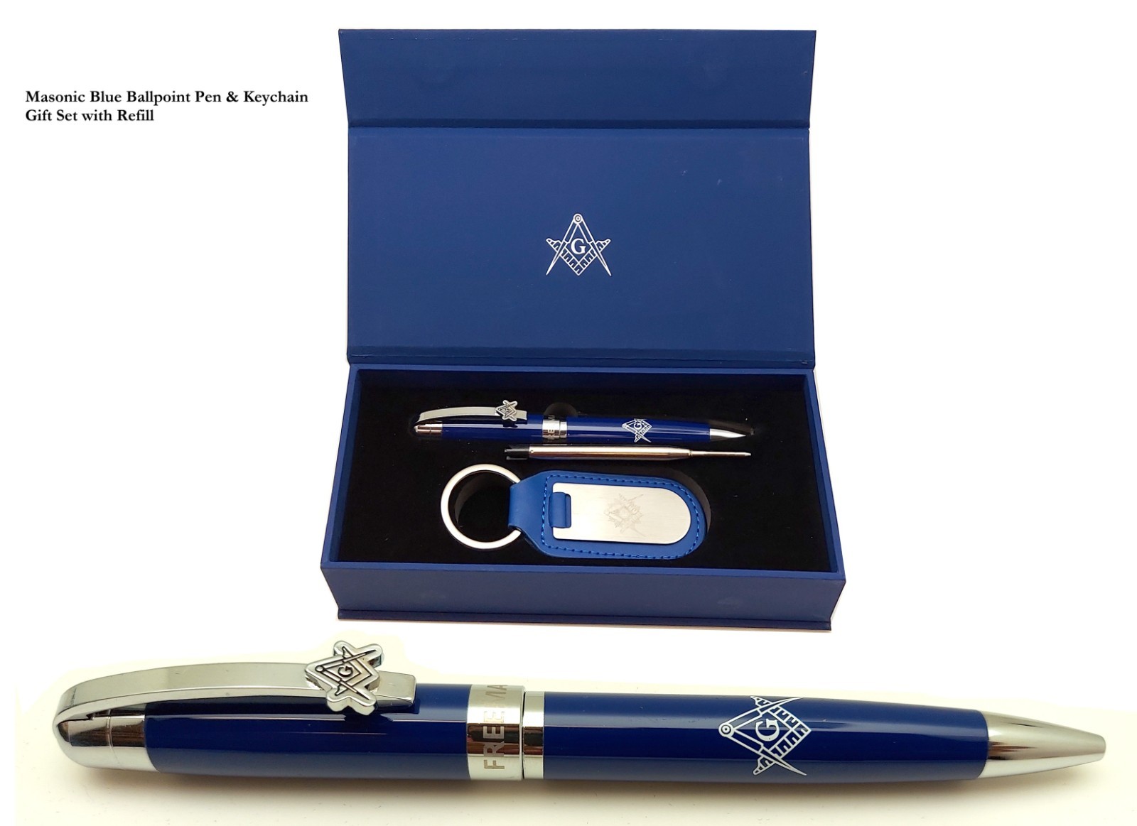 Masonic Blue Ballpoint Pen & Keychain Gift Set with Refill – Square & Compasses