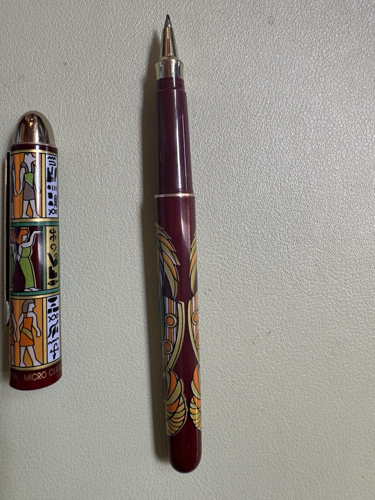 Vintage Micro Ceramic Ball point Pen, Egyptian motif, not working