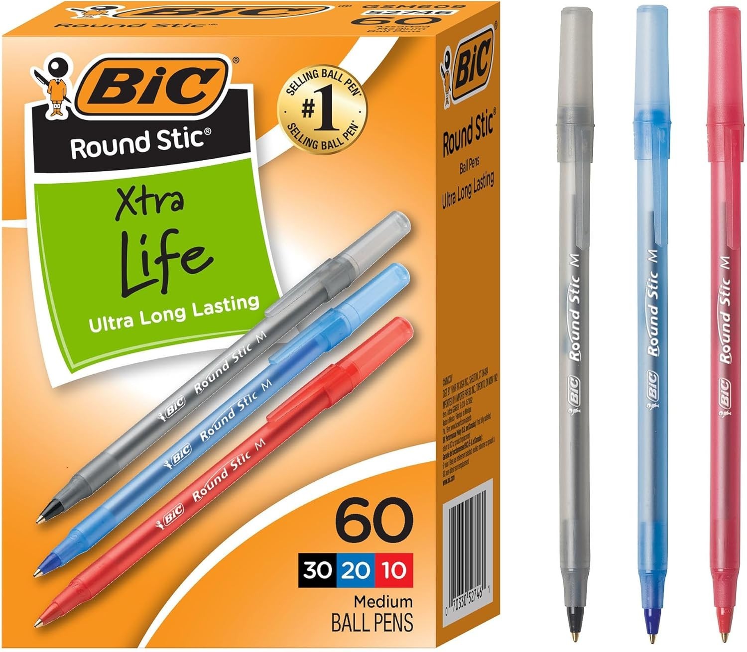 Round Stic Xtra Life 60-Count Assorted Ballpoint Pens – Smooth Writing & Comfort