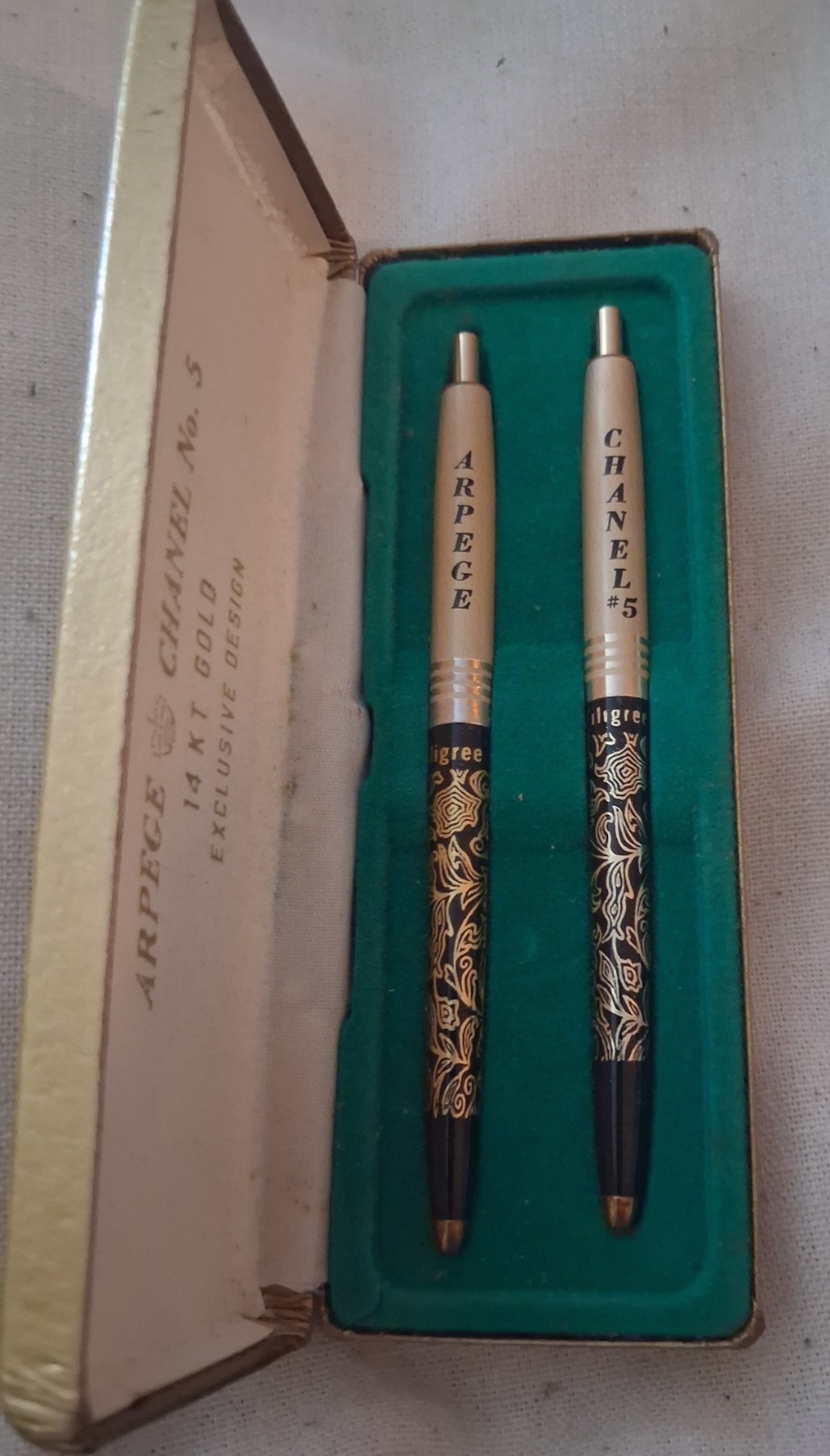 Vintage Chanel No.5 Arpege 14K Gold Filigree Perfumed Ballpoint Pen Set in Box