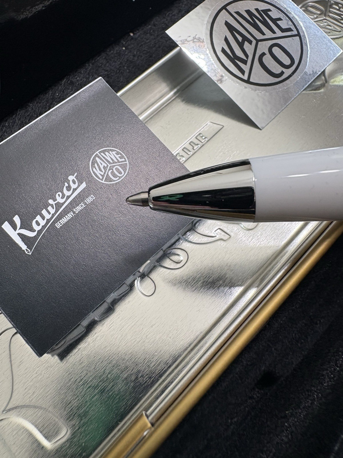 Kaweco Student White Ballpoint Pen Chrome Trim 10000171 Metal Tin Box Set