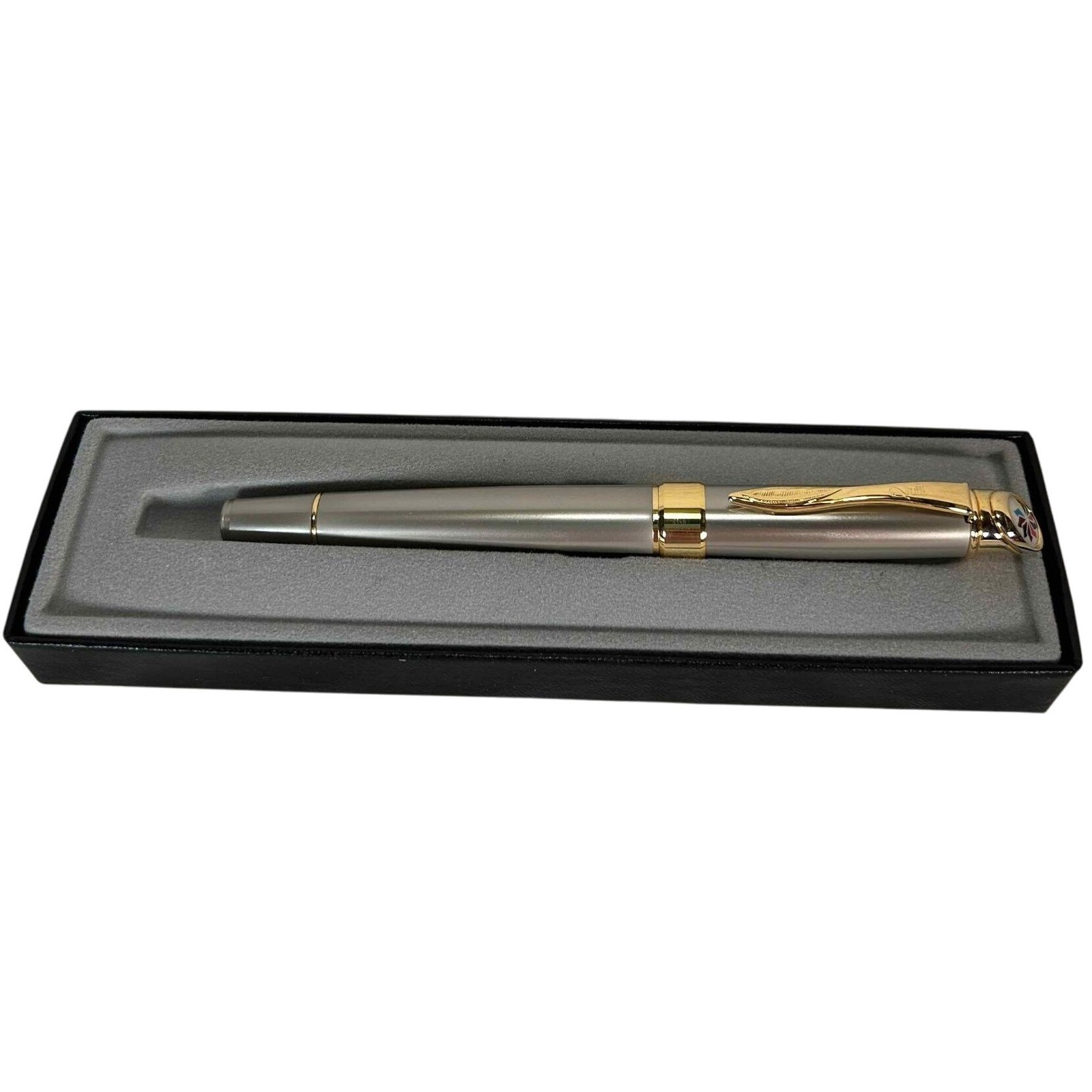 Quill 747 Ballpoint Pen Silver Gold Tone Two Tone Logo Finial USA Made with Box