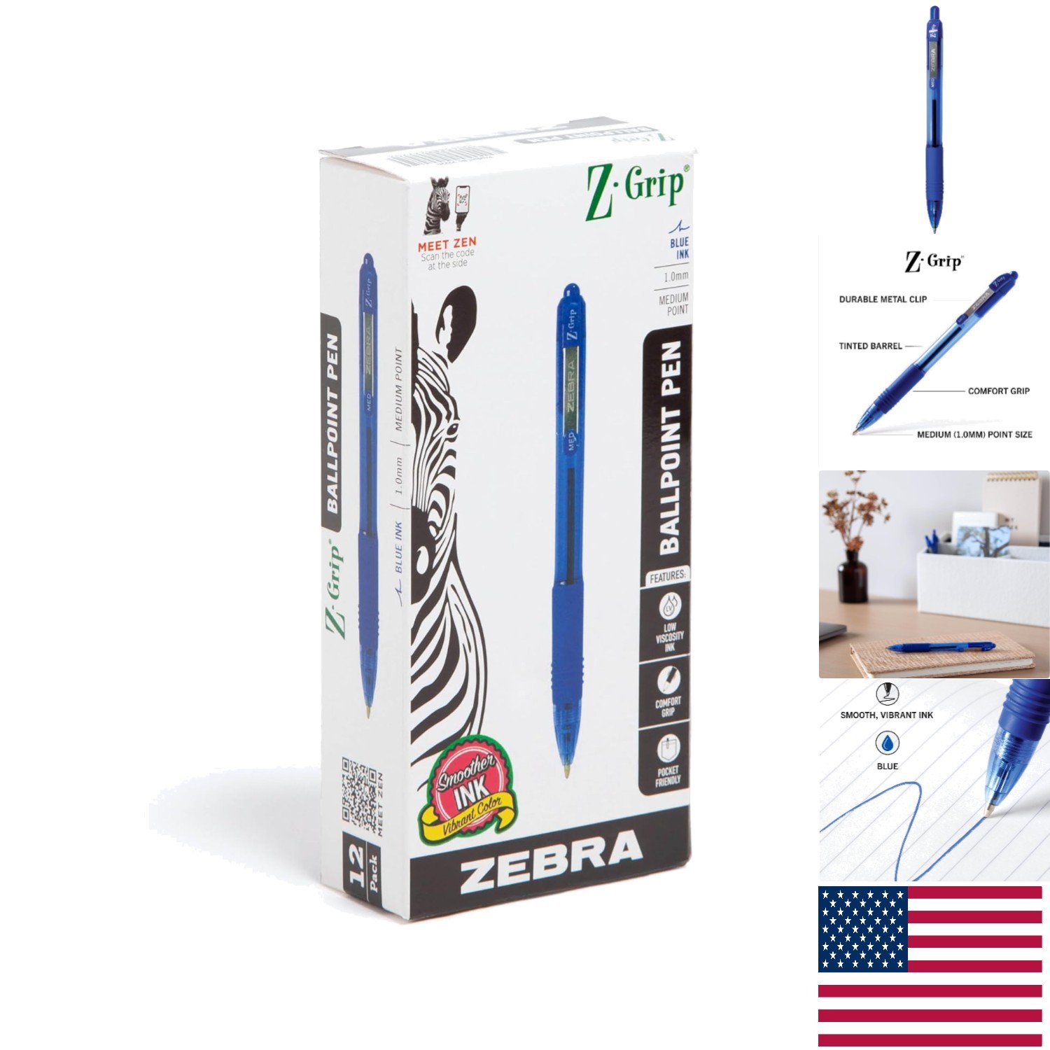 12-Pack Z-Grip Ballpoint Pens – Ergonomic Grip & Smooth Blue Ink for Journaling